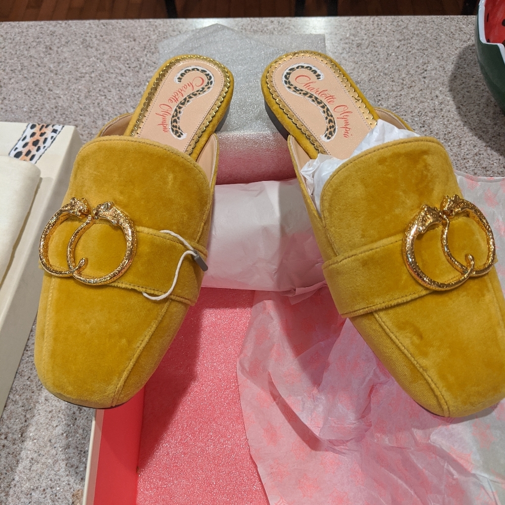 Charlotte Olympia antique gold velvet mules shoes